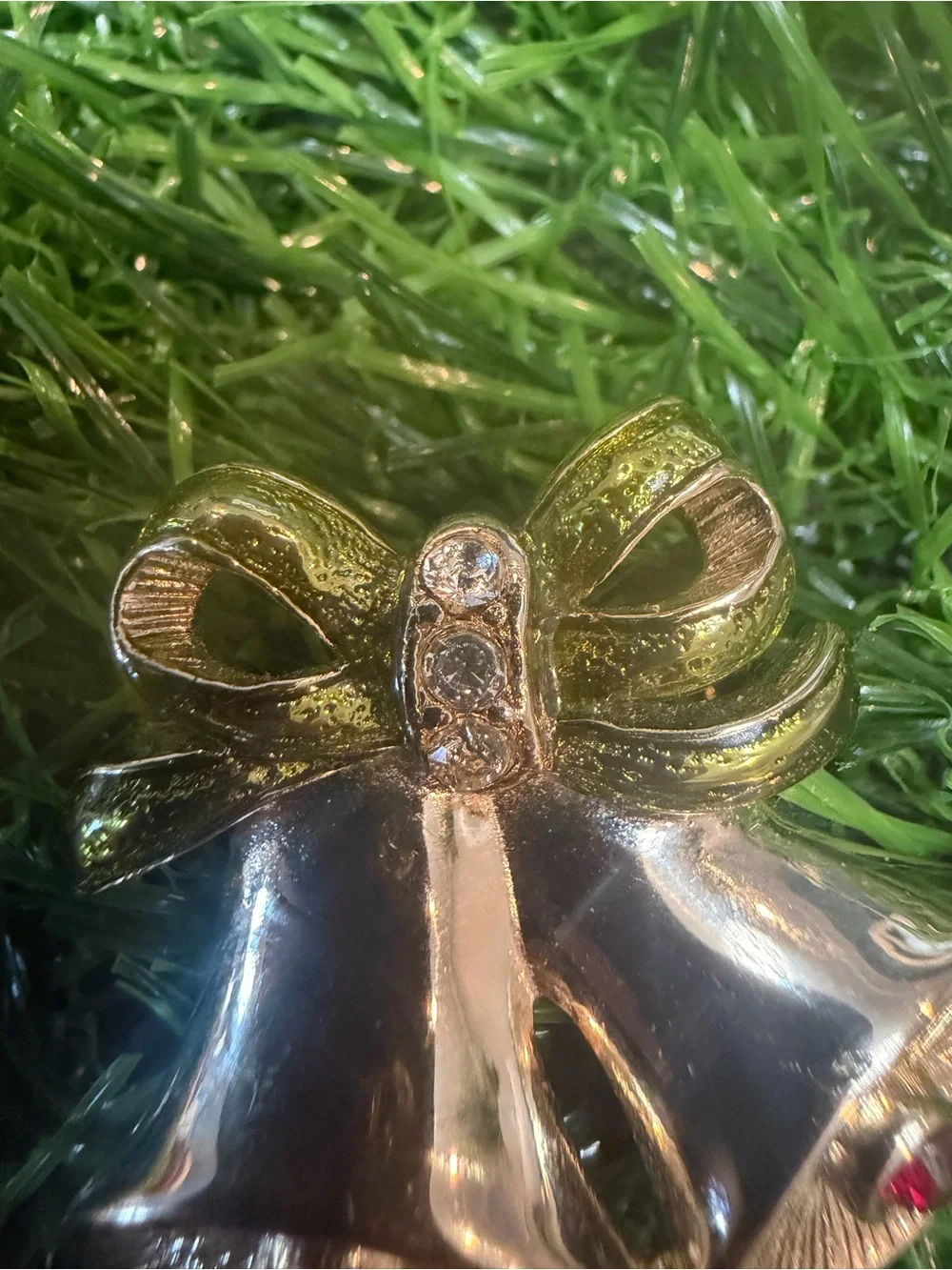 Vintage Gold Tone Double Bell Brooch with Green Bow and Red Accents